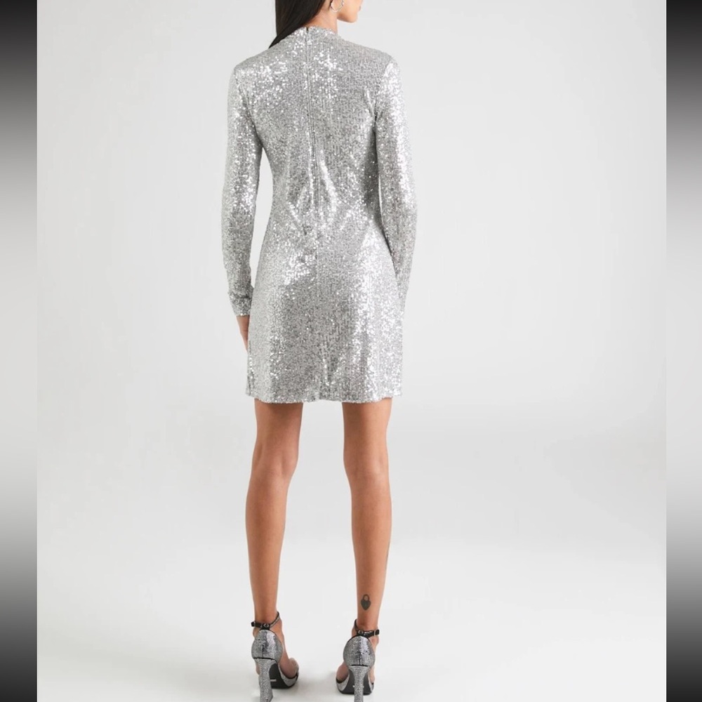 Abercrombie & Fitch Silver Sequin Long Sleeve Mock Neck Mini Dress NWT - Picture 2 of 12